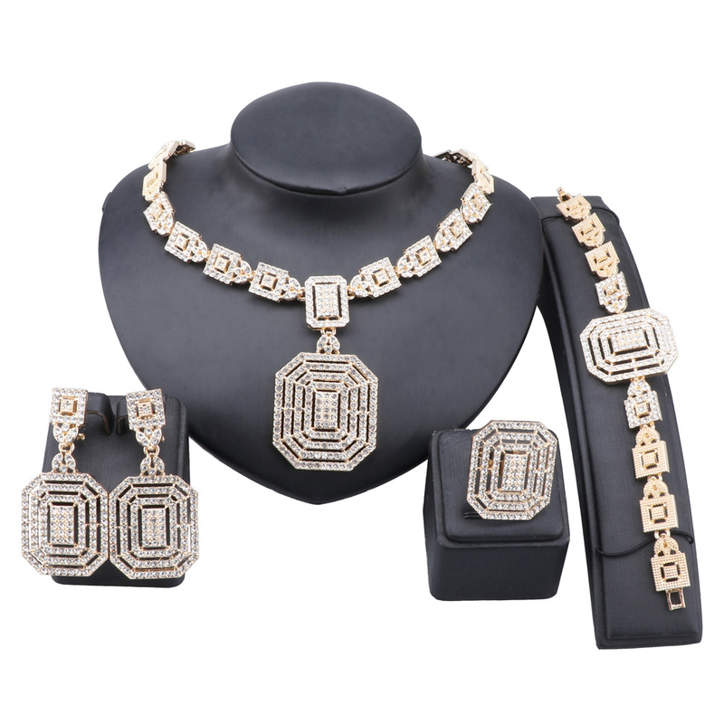 Set di gioielli rettangolari in cristallo color oro di lusso per le donne, collana, orecchini, anello, braccialetto, regalo di compleanno di Natale_voghion.com