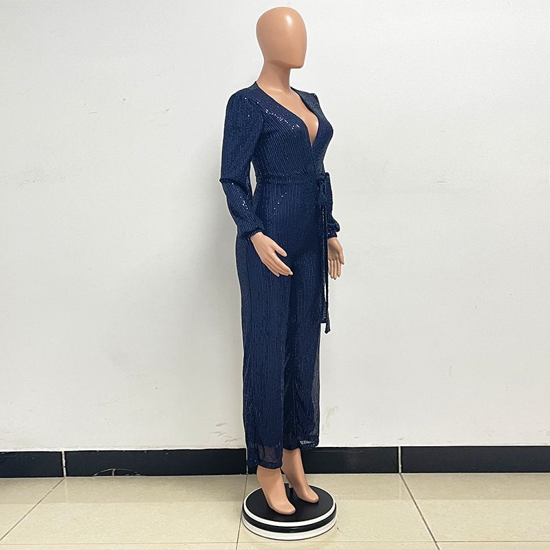 Damkläder Ins Style Deep V Mode Casual Jumpsuit Långärmat Bälte Paljett Jumpsuit Dam_voghion.com