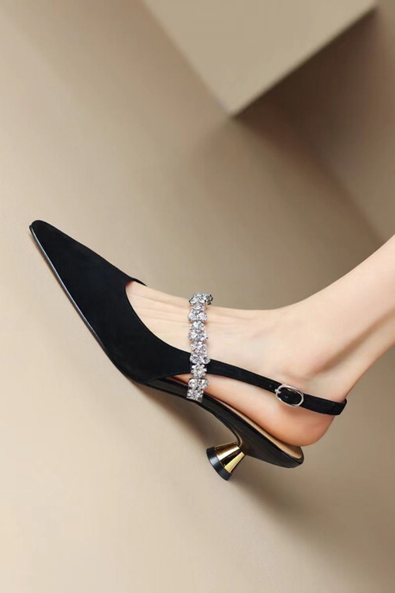 Frühling Sommer Neue französische Strass-Leder-Silber-Low-Top-Backless Mary Jane Kleine High Heel Closed Toe Schuhe Modisch und exquisit_voghion.com