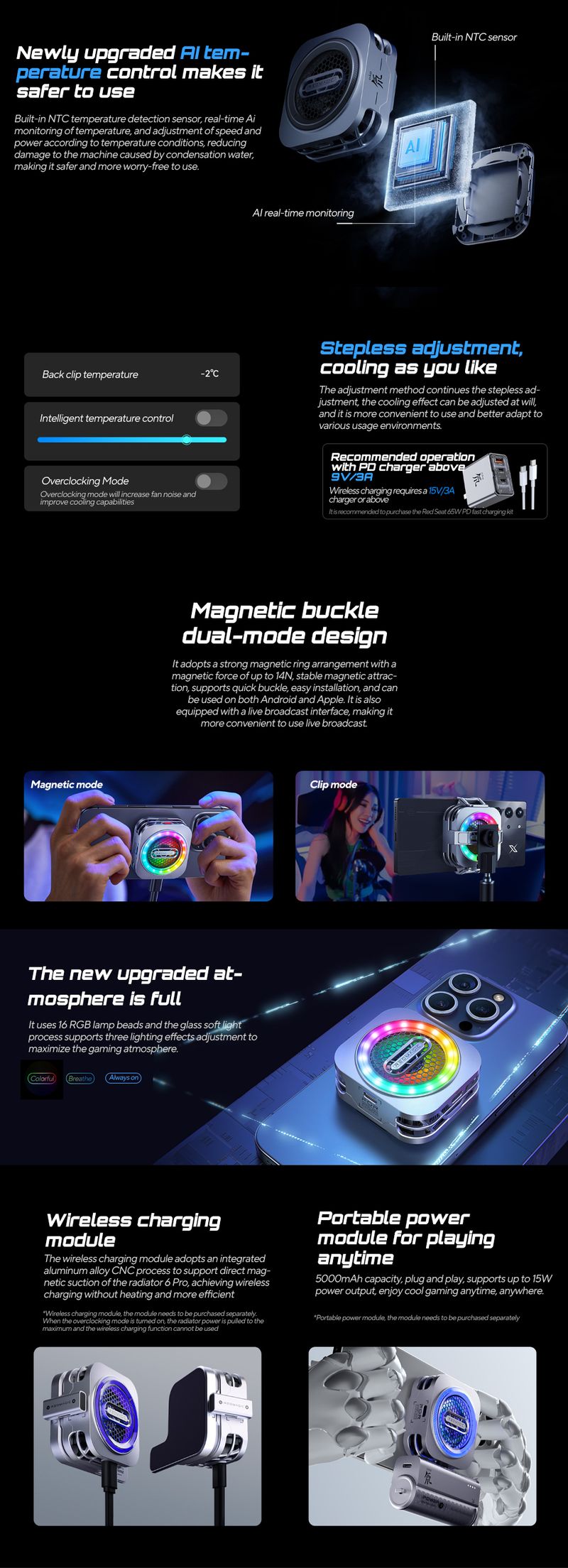 Redmagic Cooler 6 Pro Radiator Magnetic Ice Fun Cooler LED 30W Semiconductor Heat Dissipation Cooling For Game Pho_voghion.com