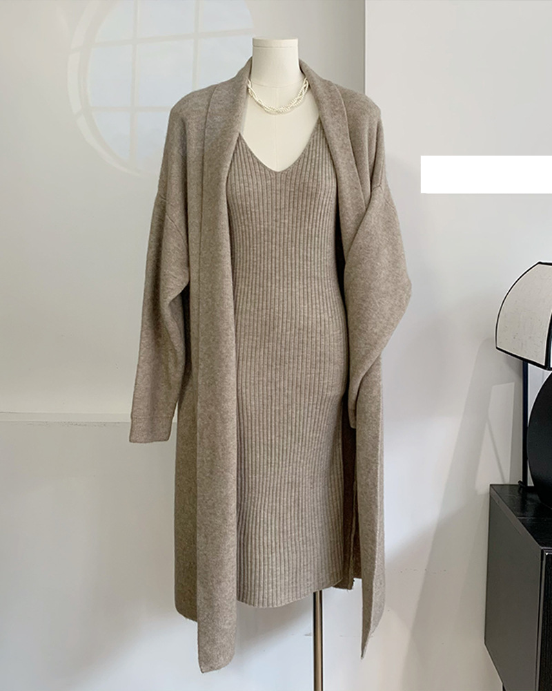 Damenbekleidung, gestrickter Anzug, elegantes Weste-Kleid für Damen + lange Strickjacke, heiß_voghion.com