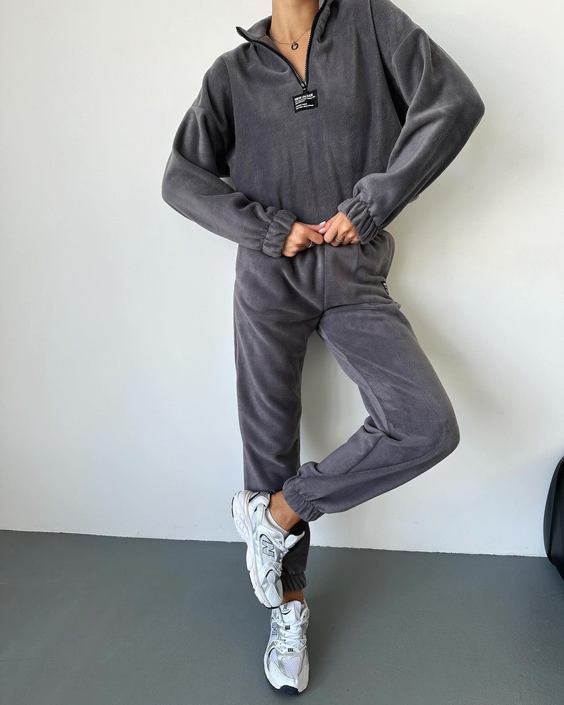 Set di felpe corte con mezza zip in pile polare caldo autunno e inverno set di pantaloni della tuta stile sportivo casual set di due pezzi_voghion.com