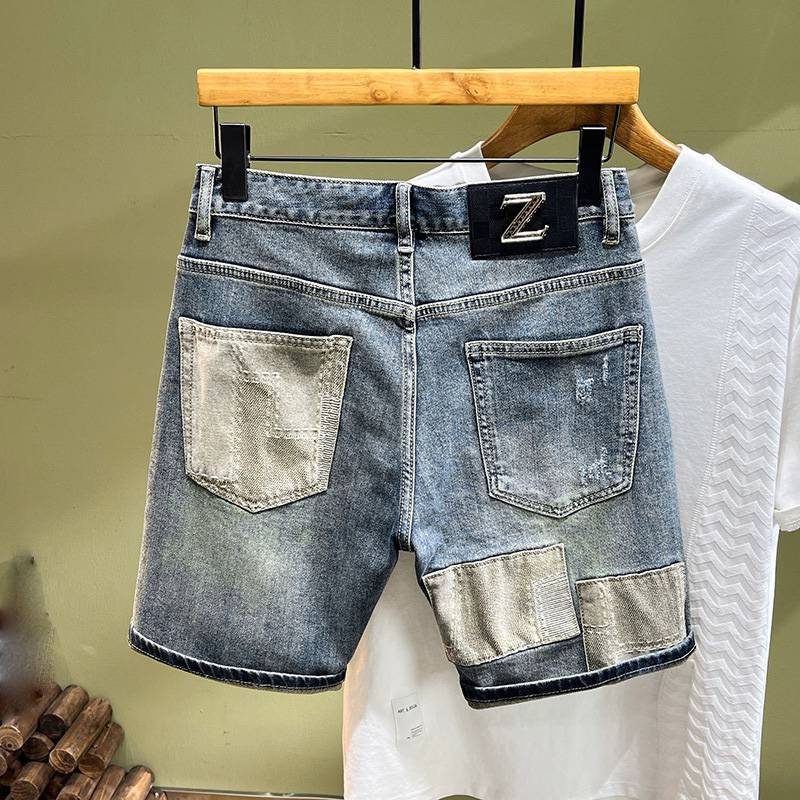 Men's Clothing Washed Retro High Street Denim Shorts Slim Fit Distressed Shorts Mid Length Pants_voghion.com