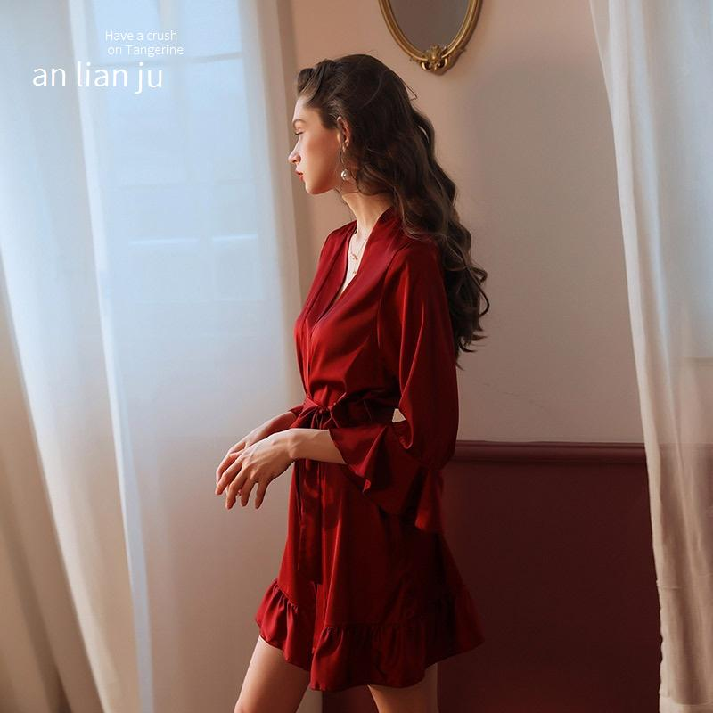 Men's Sleep Secret Love Orange Brand Temptation Private Room Sexy Pajamas Pure Desire Simulated Silk Lotus Leaf Cuffs Cardigan Outer Robe Nightgown_voghion.com