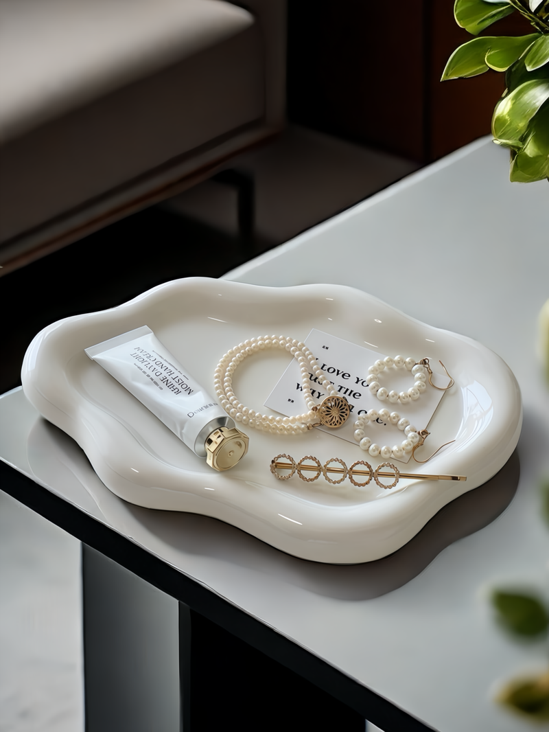 Bandeja de cerámica para guardar joyas con forma de nube blanca, ideal para estantes de escritorio, placas de inducción con llave._voghion.com