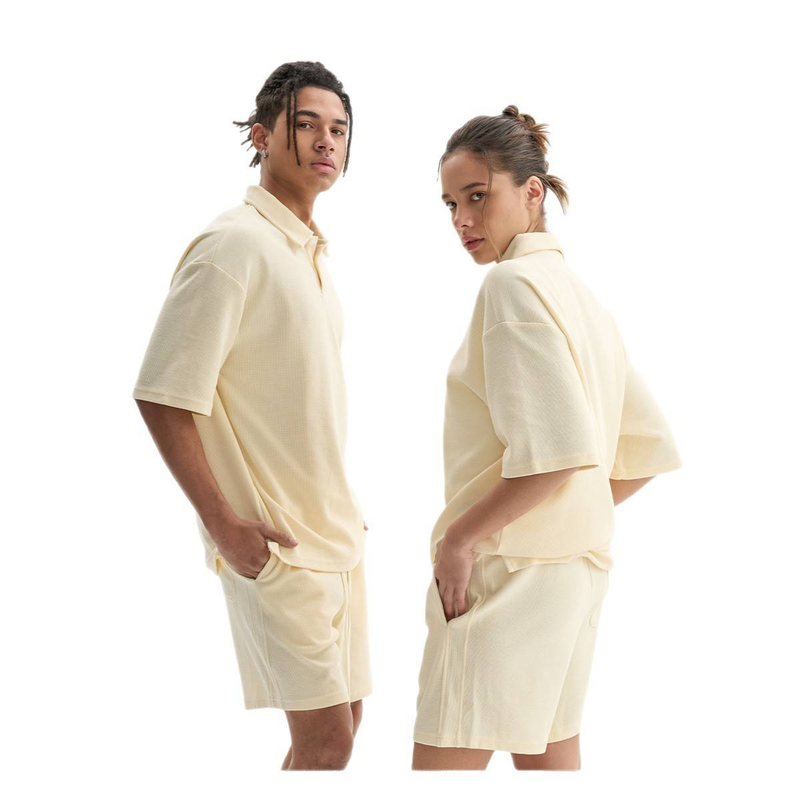 "Men's Waffle Knit Short Sleeve T-Shirt & Shorts Set - Soft Cotton Blend Summer Lounge Outfit - Relaxed Fit Casual Unisex Style"_voghion.com
