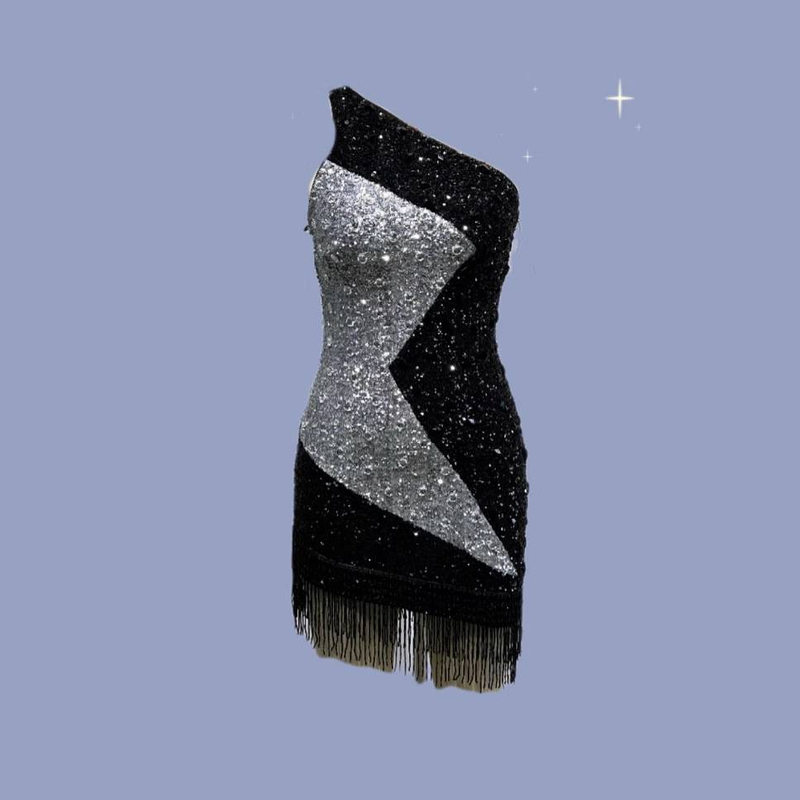Robe de soirée moulante élégante à épaules dénudées et franges en sequins pour femme - Robe de soirée glamour et ajustée à taille haute_voghion.com