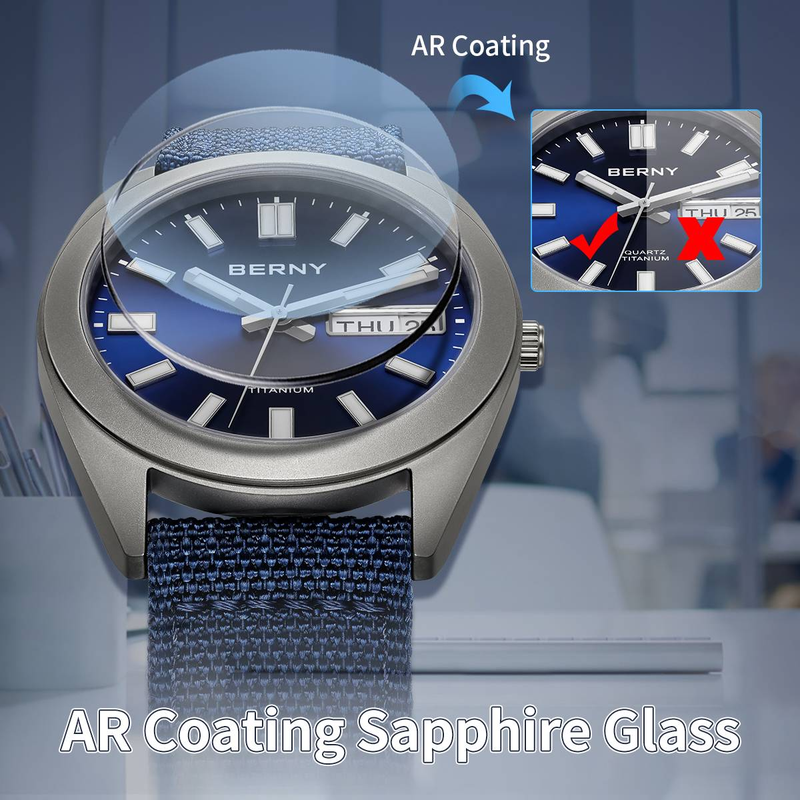 BERNY Titanium Watches For Men 10ATM Waterproof Super Luminous Quartz Analog Watch With Day Date Nylon Strap Sapphire Crystal Sport Casual Wristwatch_voghion.com