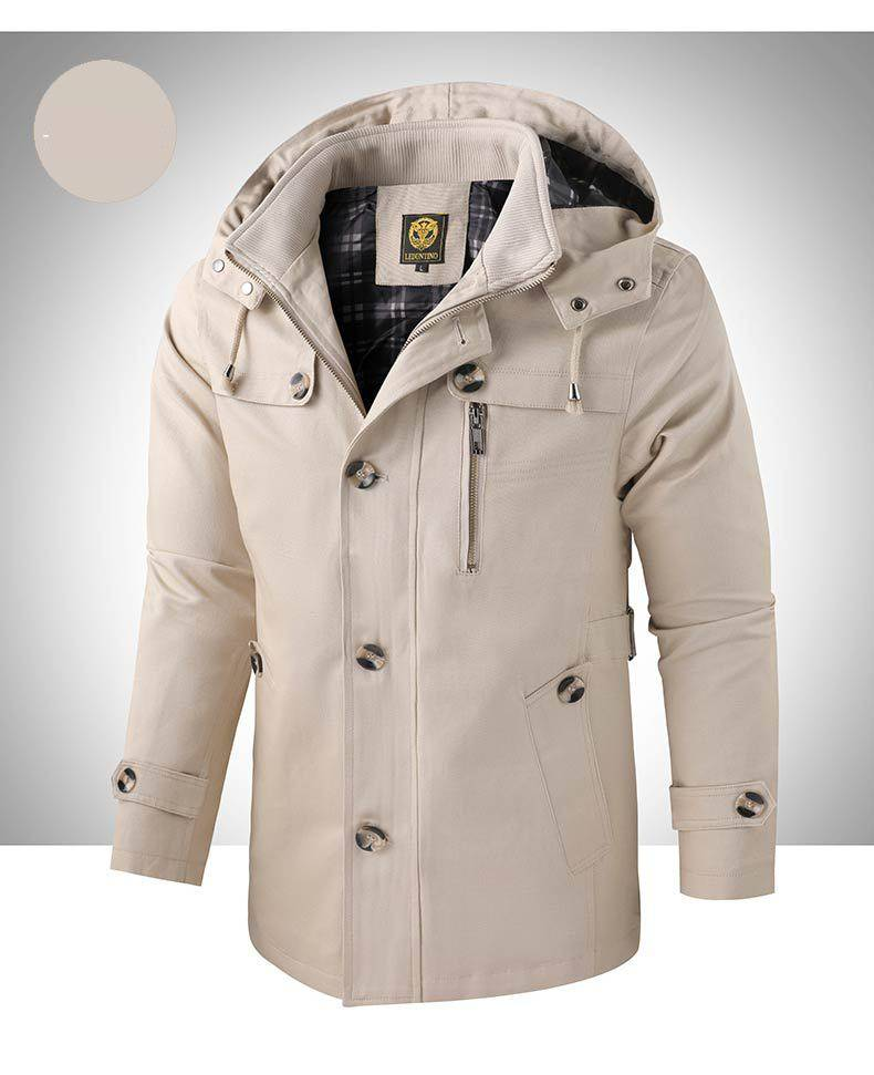 Men's Longline Washed Cotton Hooded Jacket - Vintage Workwear Style Windbreaker With Button Details, Slim Fit Casual Coat_voghion.com