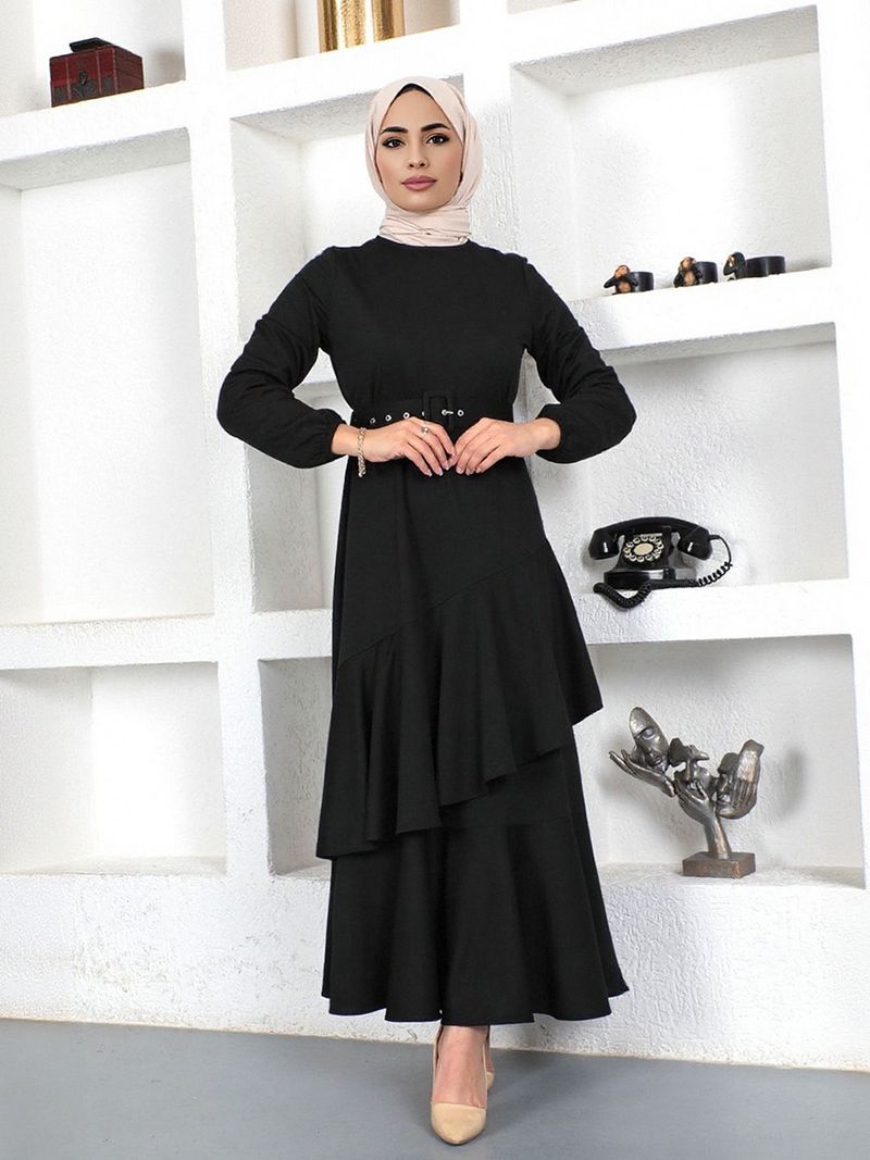 Schlichtes muslimisches Kleid mit langem Rock – Doppellagige Rüschentaille, einfarbig gestrickt (Dunkelgrün/Schwarz, S-XL)_voghion.com
