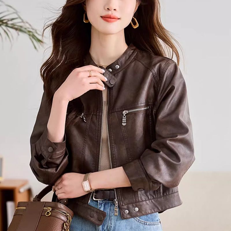 2024 Spring New Women's With Small Stand Collar, Black Trendy Cool Fashionable Short Washed Motorcycle Leather Jacket_voghion.com