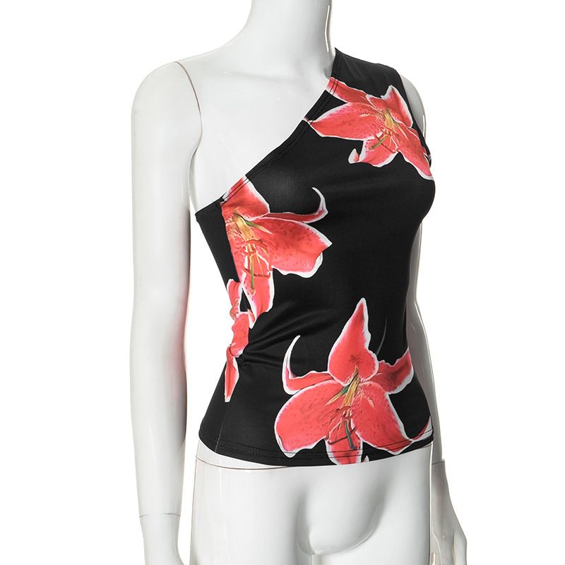 E24TP016 Women's 2025 Summer New Style Slant Shoulder Printed Casual Versatile Top T-shirt_voghion.com