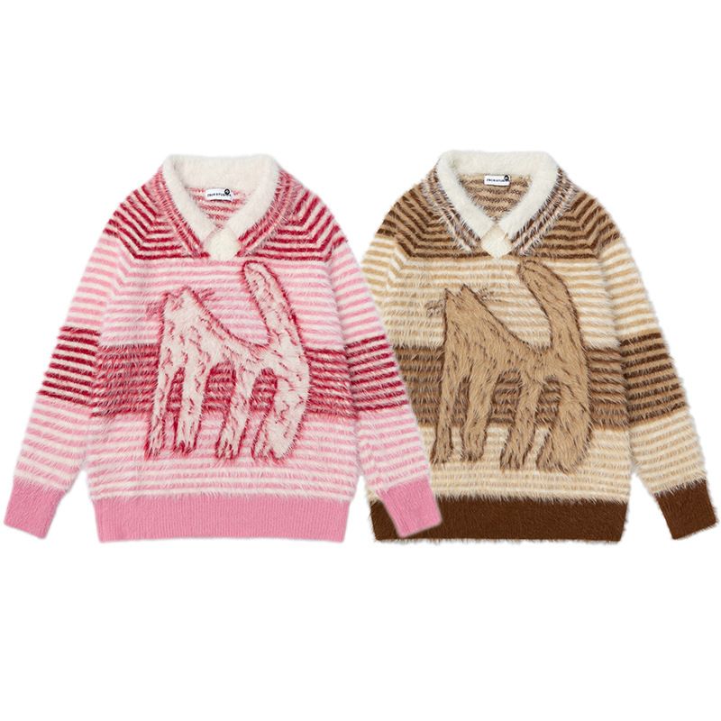 Pull rayé à col en V en deux pièces pour chaton, pull ample unisexe pour l'automne, haut tricoté de style paresseux_voghion.com