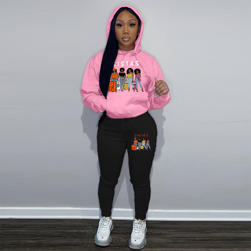 Women's casual printed tracksuit with fleece hoodie two-piece hoodie_voghion.com