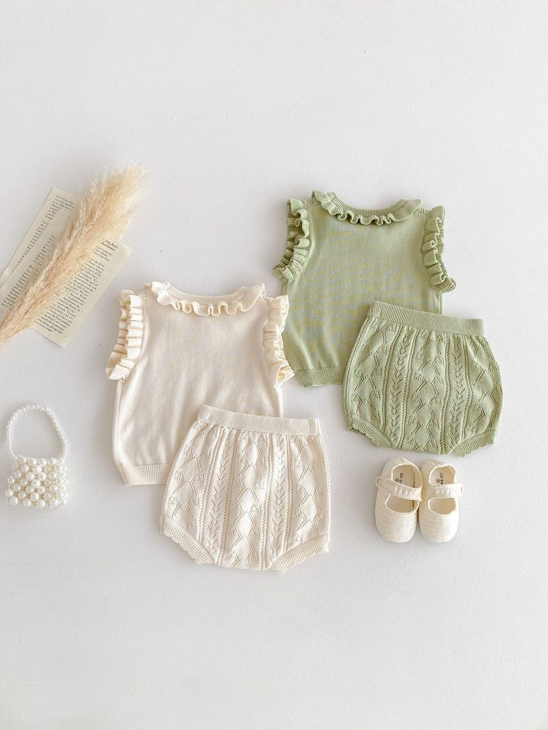 Vêtements d'été pour bébés filles, version coréenne, pull tricoté, col en dentelle, haut, short, ensemble princesse fin_voghion.com