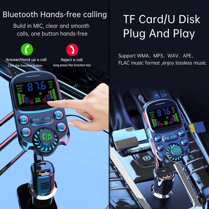 Aggiorna il trasmettitore FM Bluetooth per auto, kit adattatore per caricabatteria rapido per auto Bluetooth 5.3 wireless, supporta AUX Out U Disk/scheda TF_voghion.com