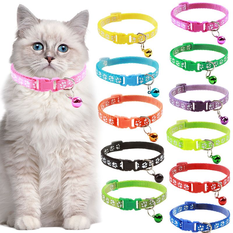 Collare con fibbia per gatto con campanellino e stampa di zampa di cucciolo colorato per animali domestici_voghion.com