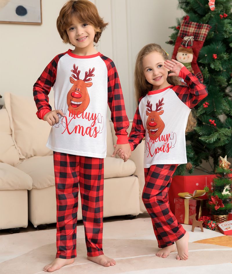 Independent Station Christmas Parent Child Set Cross Border Deer Letter Print Red Plaid Home Clothes Pajamas Soft Cute_voghion.com