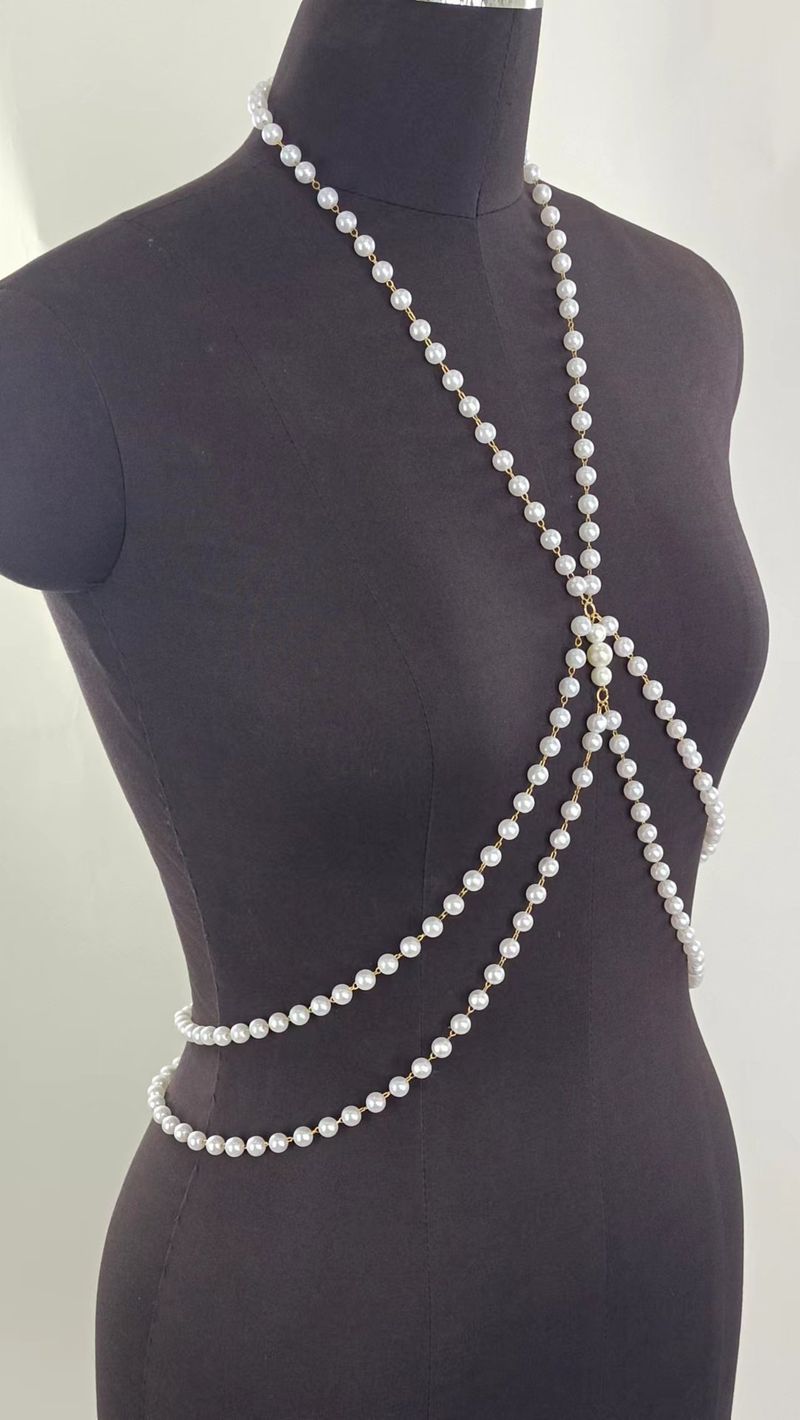 Simple personality pearl chain neckline halter back double side swing chain body chain_voghion.com