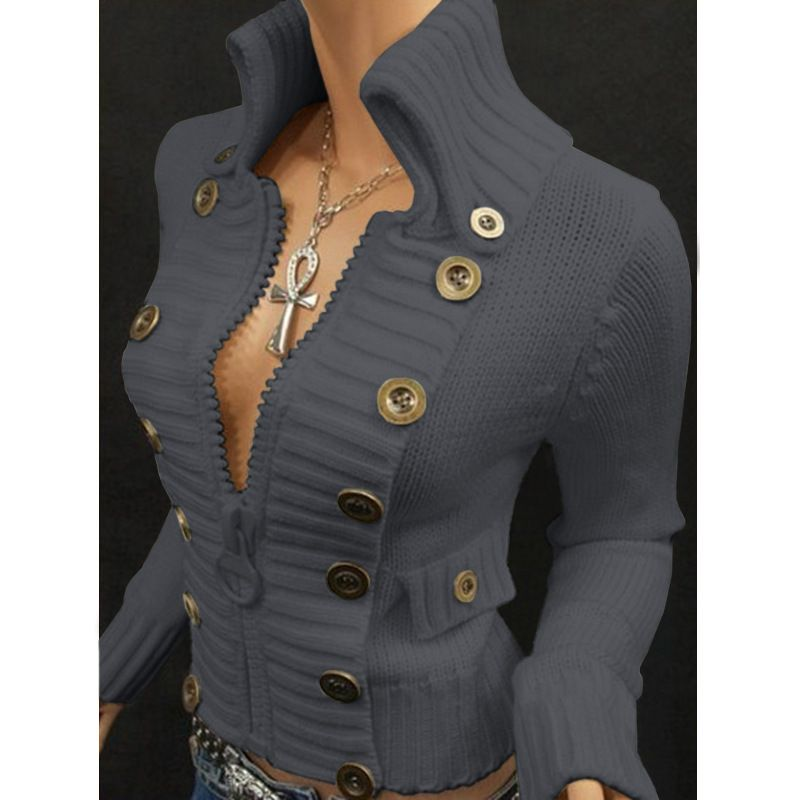 Women's Fashion Stand Collar Zipper Slim Sweater Women's Solid Color Button Up Top_voghion.com