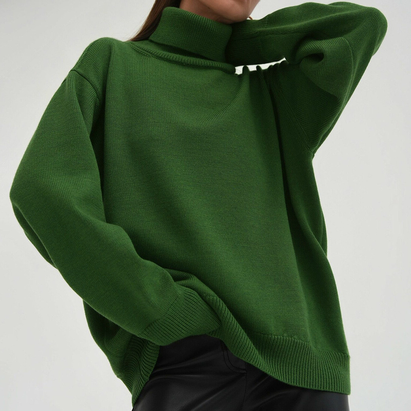 Women's solid color turtleneck loose knit with classic sweater_voghion.com
