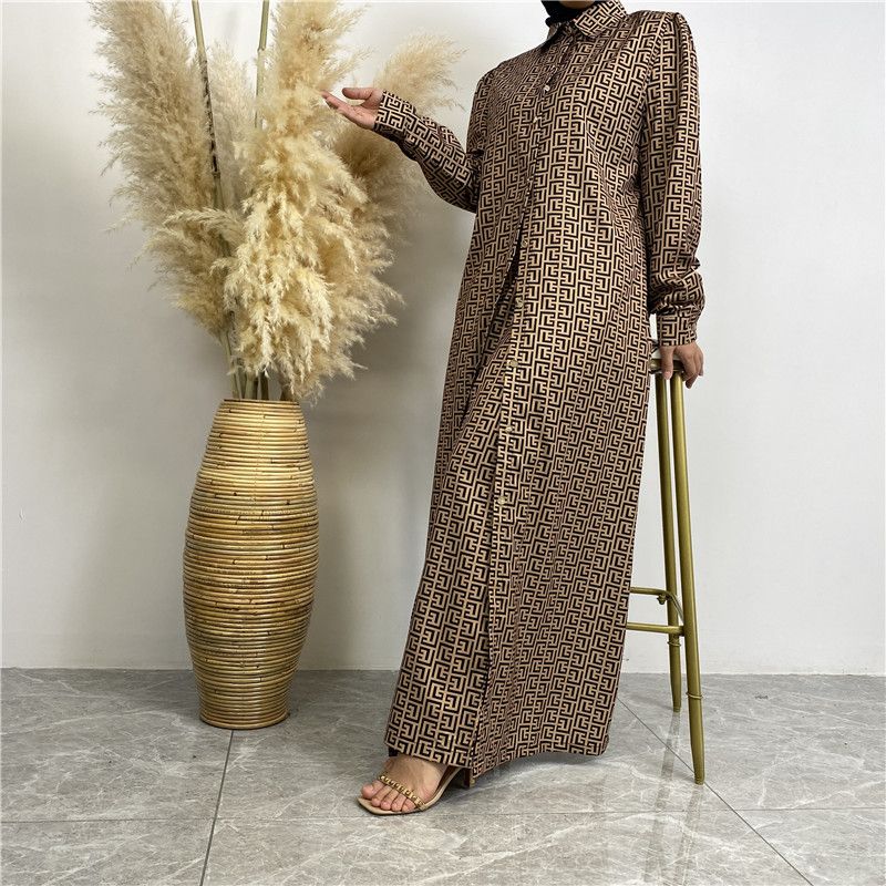 Conjunto de 2 piezas de cárdigan largo con botones de satén estampado a la moda y pantalones con bolsillo 6674_voghion.com