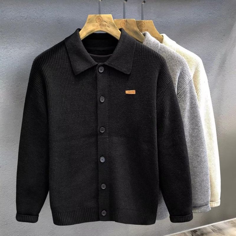 Men's Retro Solid Color Lapel Cardigan – Premium Knit Sweater Jacket For Autumn & Winter (Black, Grey, Apricot) | Slim-Fit Casual Open-Front Style_voghion.com