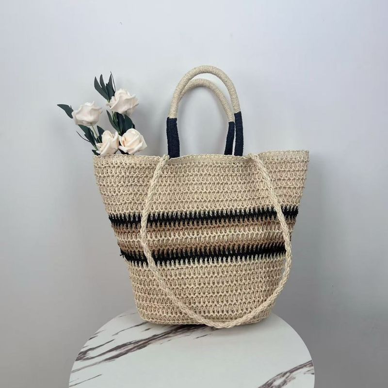 Borsa a tracolla alla moda da donna in paglia a righe patchwork, nuova estate 2025_voghion.com
