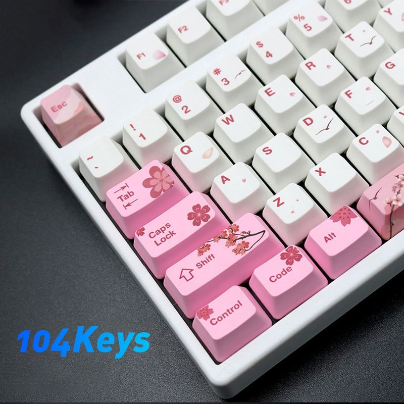 Farfi 104 Keys PBT Pembe Sakura Desenli Keycaps Değiştirme Seti Klavye Aksesuarı_voghion.com