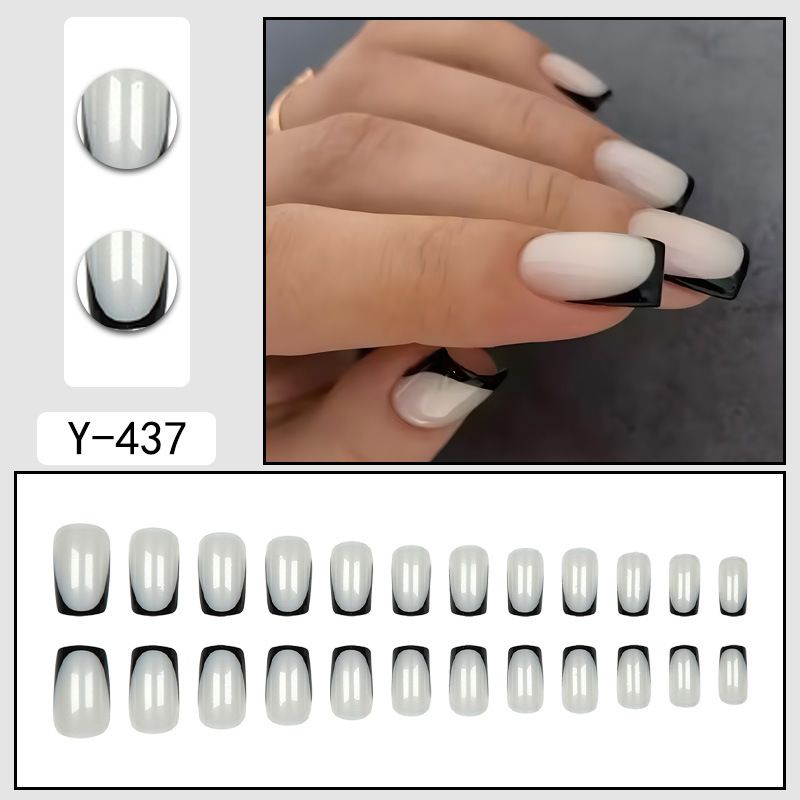 Elegant French Black Tip Press-On Nails - Reusable Fake Nails With Glue & Gel Pads - Natural-Looking False Nails For Women_voghion.com