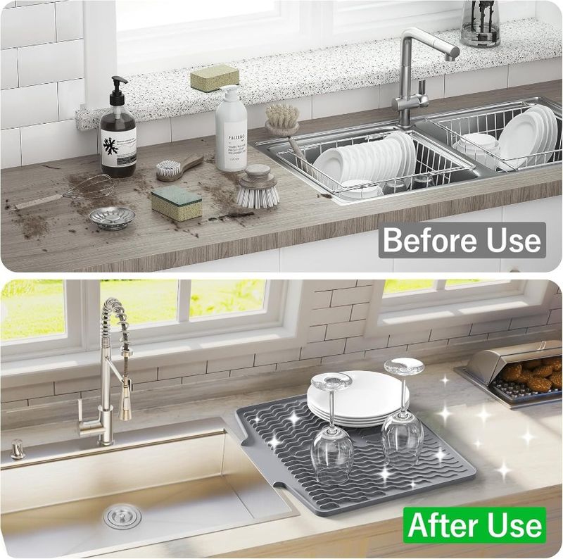 Tapete de secado y escurridor con diseño ondulado inclinado | Tapete de cocina antideslizante de silicona | Drenaje rápido | Protector para cafeteras, platos y encimeras_voghion.com