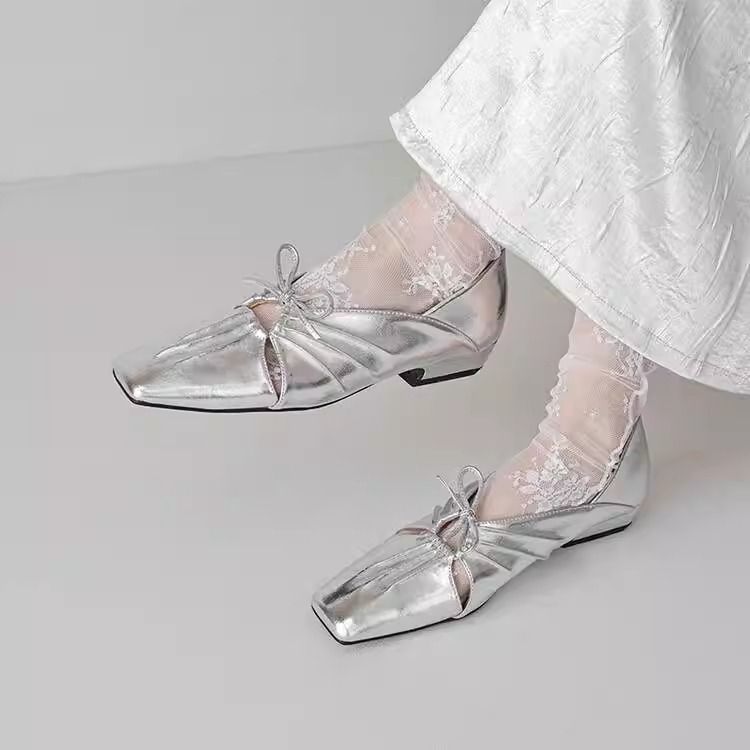 Scarpe Mary Jane con punta quadrata e fiocco retrò in pelle di vacchetta rugosa per donna, inizio autunno_voghion.com