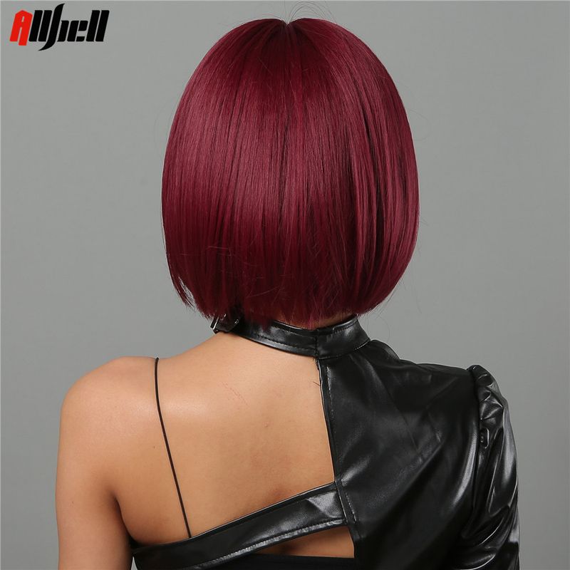vendita calda vino rosso bob capelli cosplay halloween parrucche naturali sintetiche per le donne parrucca corta diritta con frangia ad alta temperatura_voghion.com