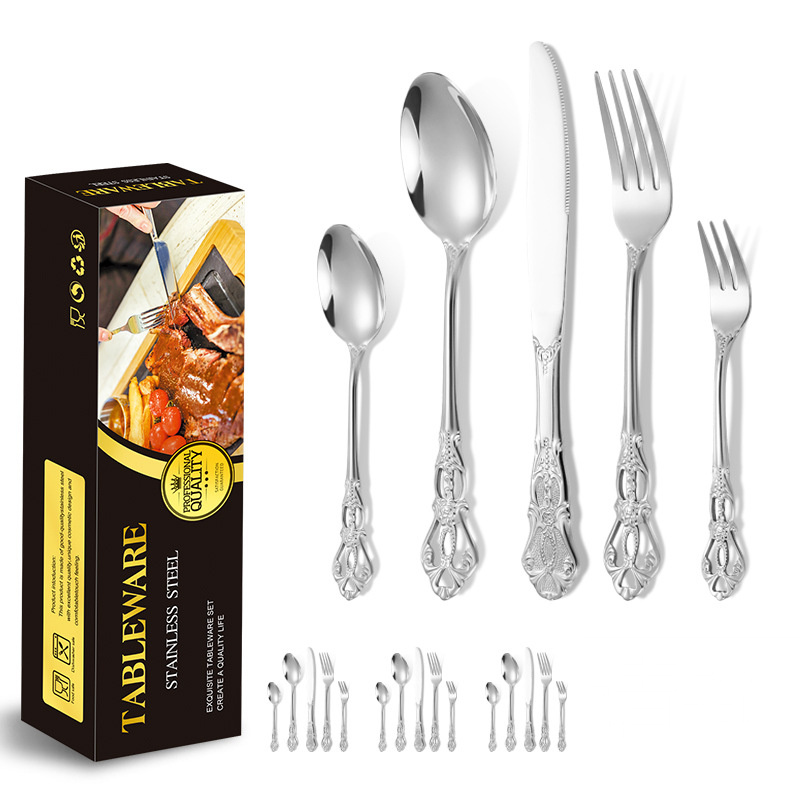 Royal Edelstahl-Set aus Messer, Gabel und Löffel, grenzüberschreitendes 20-teiliges Set für 4 Personen, Retro-Steakmesser mit Hohlrelief, europäischer Stil_voghion.com