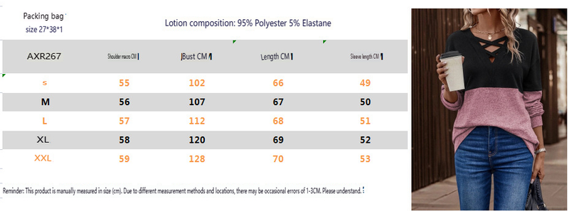 Autumn and Winter New V-neck Cross Contrast Color Splicing Drop Shoulder Sleeve Casual T Top for Women_voghion.com