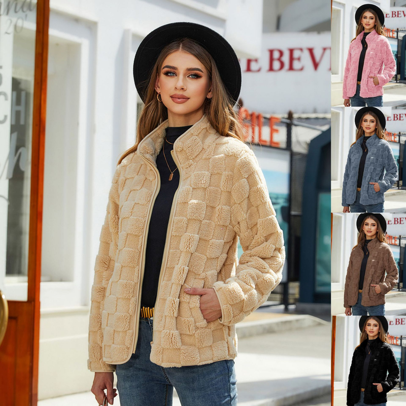 Cappotto in peluche scozzese sciolto tinta unita con cerniera a maniche lunghe da abbigliamento da donna_voghion.com