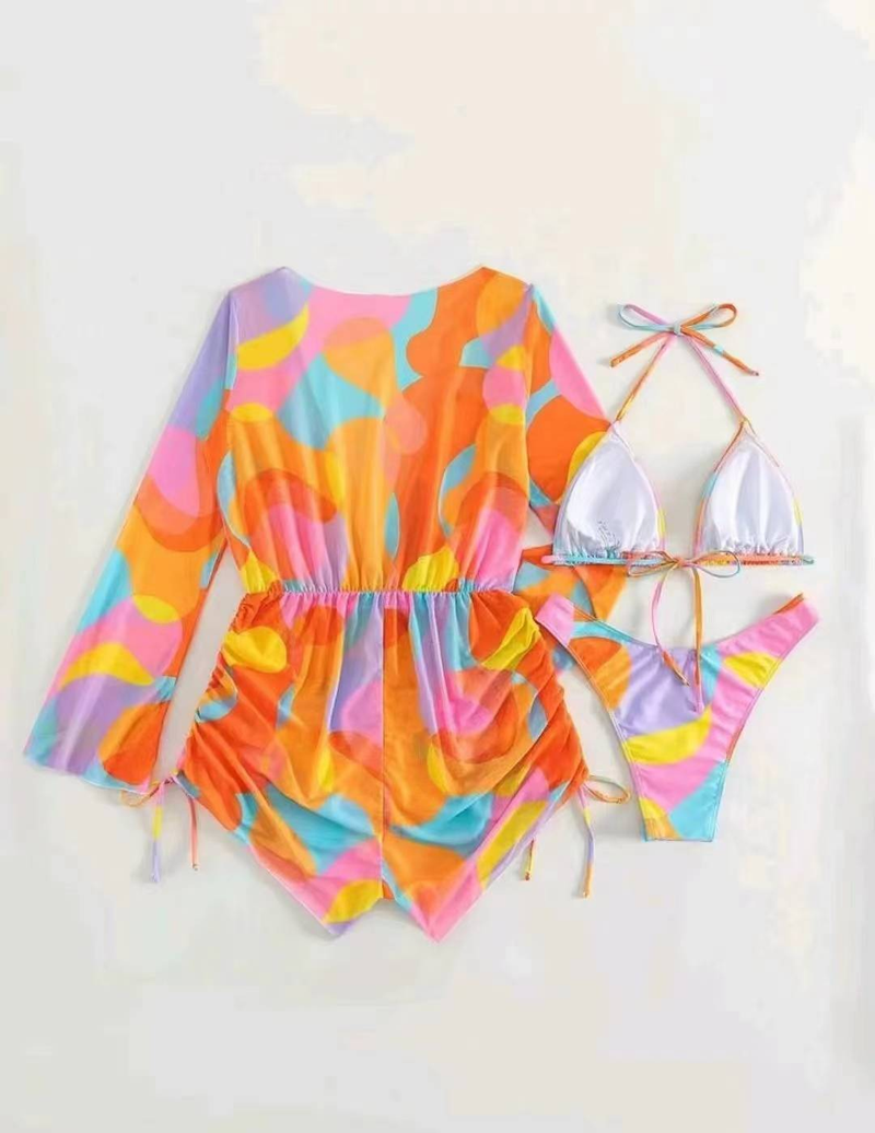 Traje de baño europeo nuevo de tres piezas 2024 Bikini de mujer Bikini de una pieza con manga larga y parte superior de malla_voghion.com