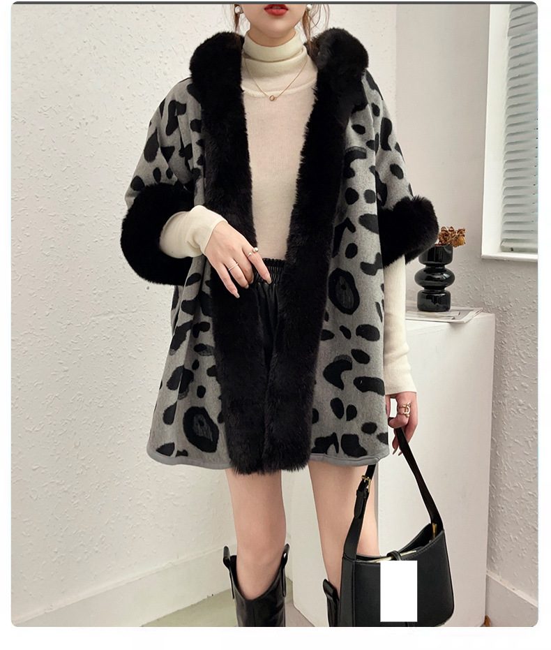 Cardigan en tricot à col en fourrure pour femme, pull châle à capuche imprimé léopard pour femme_voghion.com