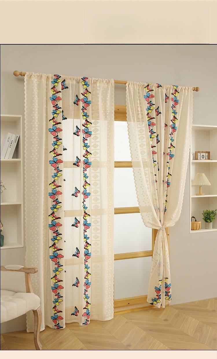 Tende trasparenti ricamate a farfalla in stile francese - Tende in voile color crema per camera da letto e soggiorno (filtrano la luce, elegante decorazione per la casa)_voghion.com