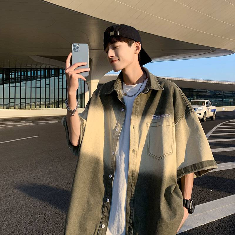 Men's Clothing Gradient Color Denim Short Sleeved Shirt Summer Jacket High Street Handsome Five Point Sleeves Trendy Half Sleeve Shirt_voghion.com