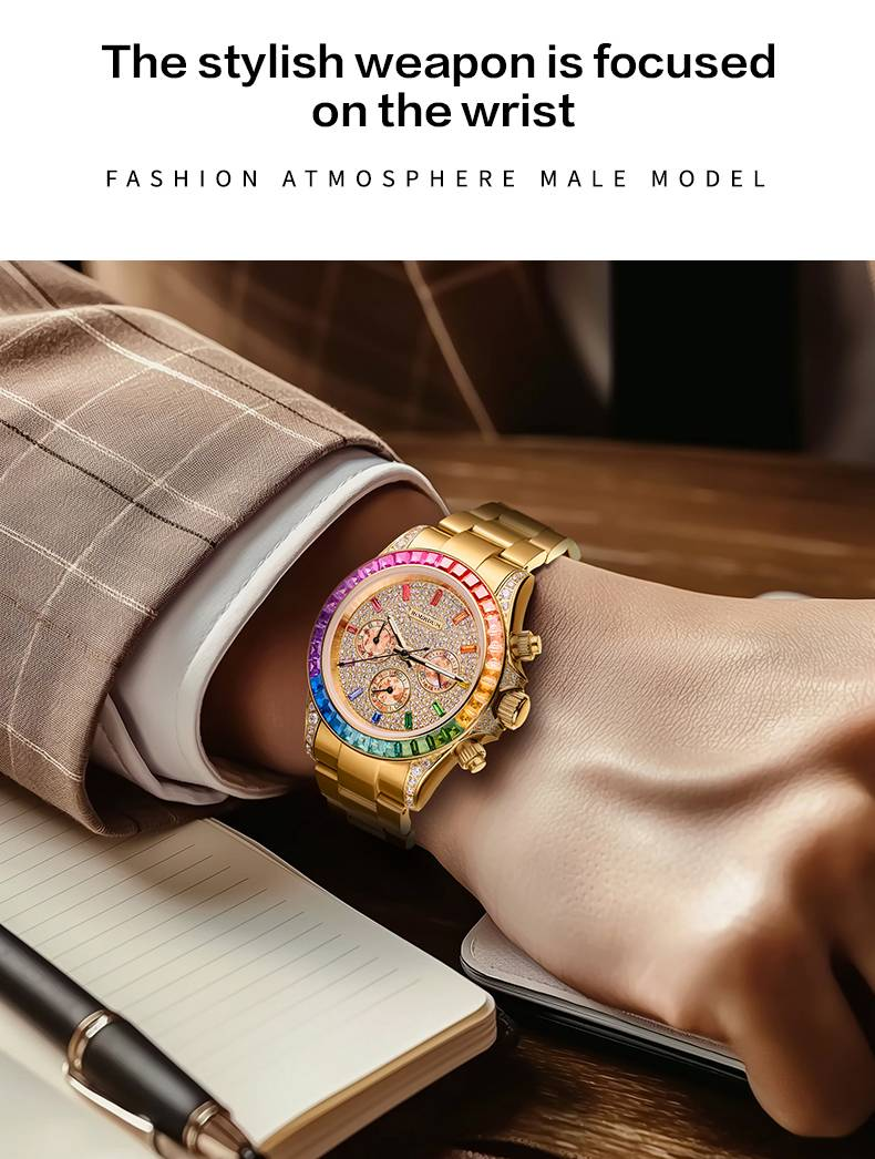 ROERDUM Daytona Rainbow Collection – Goldfarbenes Armband, mehrfarbiges Zifferblatt mit Farbverlauf, hochwertige automatische mechanische Herrenuhr_voghion.com