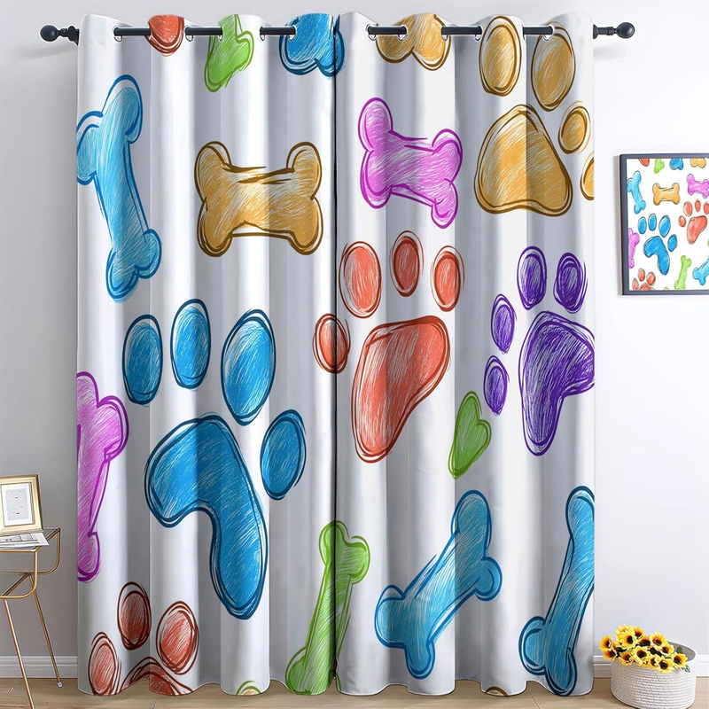 Vorhänge mit Graffiti-Farben, Hundepfotenabdruck-Muster, Fenstervorhänge für Jungen und Mädchen, Verdunkelungsvorhang mit Ösen, Thermo-Raumverdunkelungsvorhänge_voghion.com