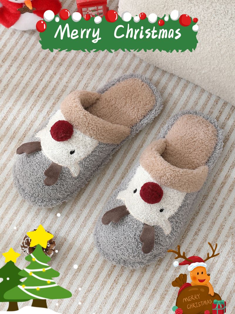 Süße Weihnachts-Rentier-Baumwoll-Hausschuhe für Frauen, Wintermode-Hausschuhe, rutschfeste Paar-Hausschuhe_voghion.com