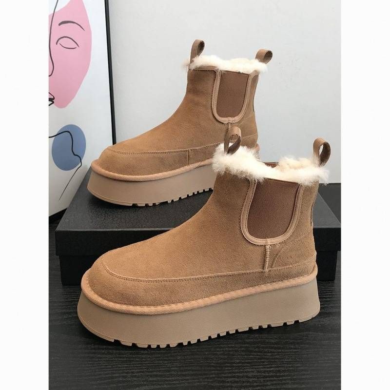 Women's Winter Snow Boots Chunky Chelsea Boots With Fleece Lined, 5cm Platform, Slip-On Warm Casual Booties In Khaki & Fawn Brown_voghion.com