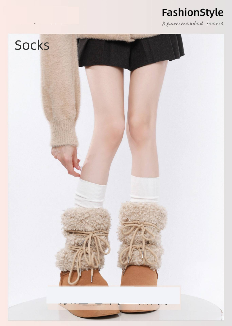 Leg Warmers Autumn And Winter Thick Warm Plush Socks Y2k Hot Girl Bow Tie Imitation Teddy Fur Niche Pile Calf Cover_voghion.com