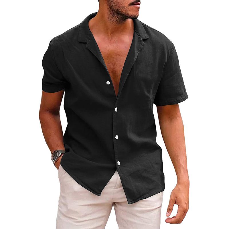 Camicia da uomo in lino di cotone con bottoni a maniche corte in tinta unita con risvolto estivo_voghion.com