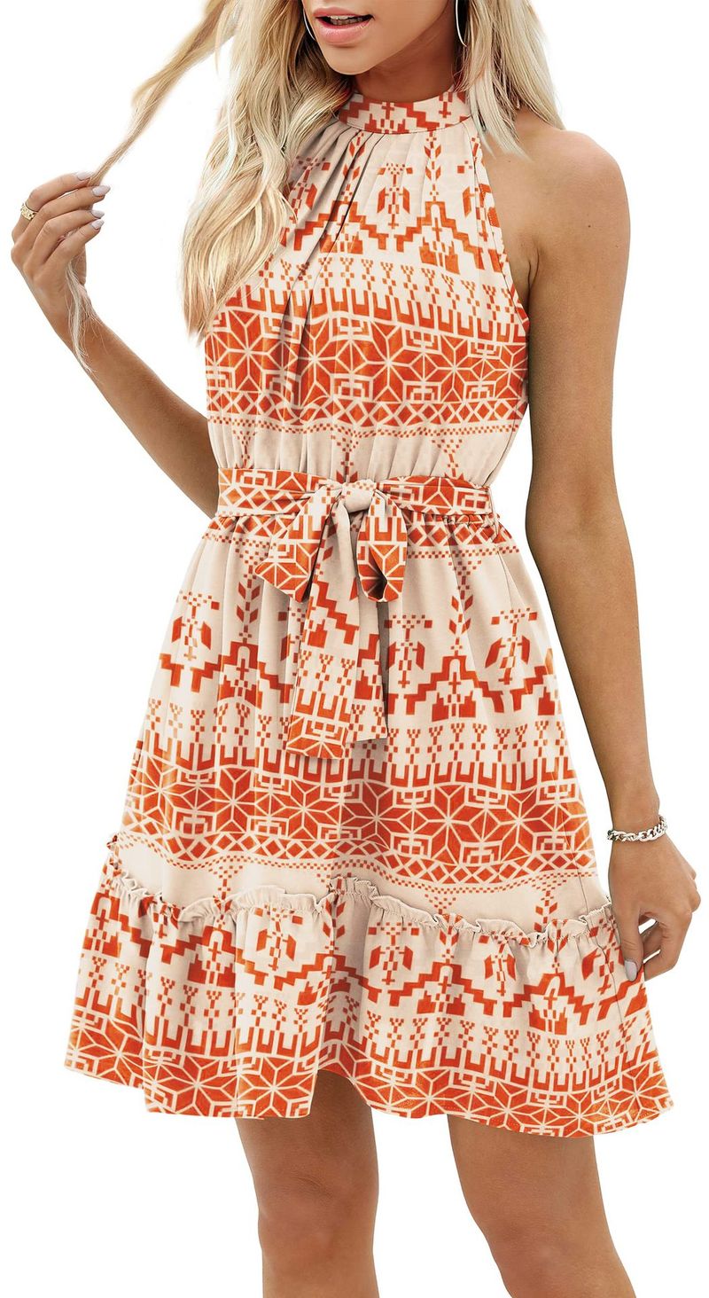 2023 Frühling und Sommer, A-Linien-Rock, Neckholder, florales Schnür-Tunika-Kleid mit offenem Rücken_voghion.com