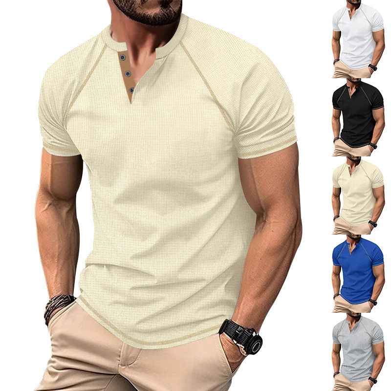 Unbeatable Quality 2025 American Style Waffle Henley Shirt Men's Contrasting Color Shoulder Slimming T-shirt Short Sleeved_voghion.com