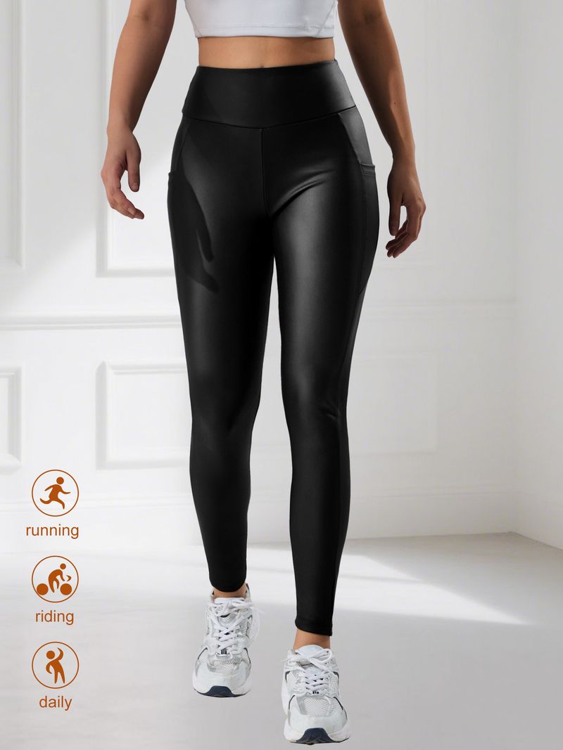 Leggings in pelle PU da donna – Pantaloni da yoga a vita alta con fodera in pile e tasche | Pantaloni elastici per palestra e corsa (neri)_voghion.com