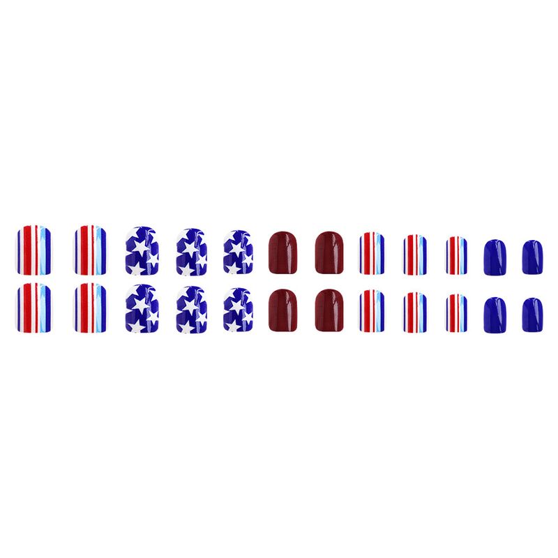 Short bright red and blue color matching color stripe independent day wear nail art American five-pointed star foreign trade nail art 24 pieces_voghion.com